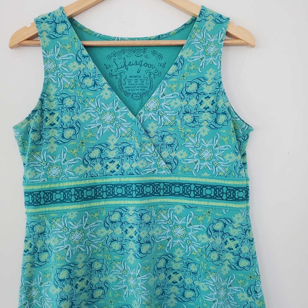 LIFE IS GOOD 10 Turquoise Green V-Neck Sleeveless Active Dress Boho Floral Comfy - Picture 3 of 12